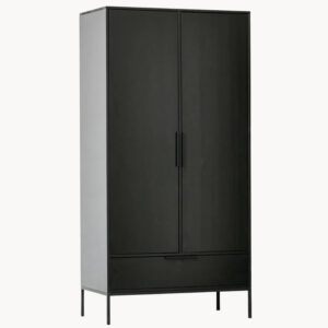 2-Door Wardrobe DEQ20WOO40297-160002 – Pine Wood, 100×53×200 cm, Black Finish, Metal Legs